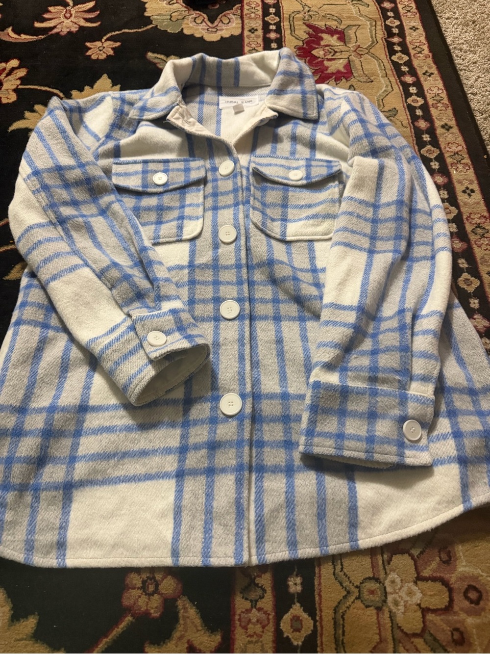 Cozy Plaid Button-Down Shacket in White & Light Blue